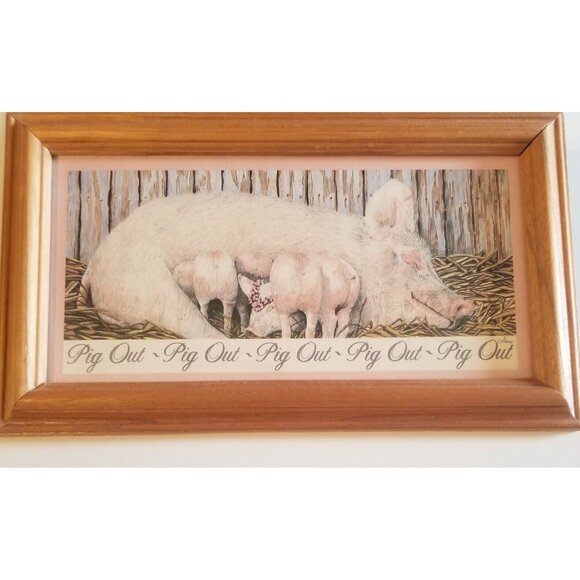 Pig Out Vintage Framed Figi Graphics Farmlife Humor Mama Pig and Babies - Picture 1 of 8